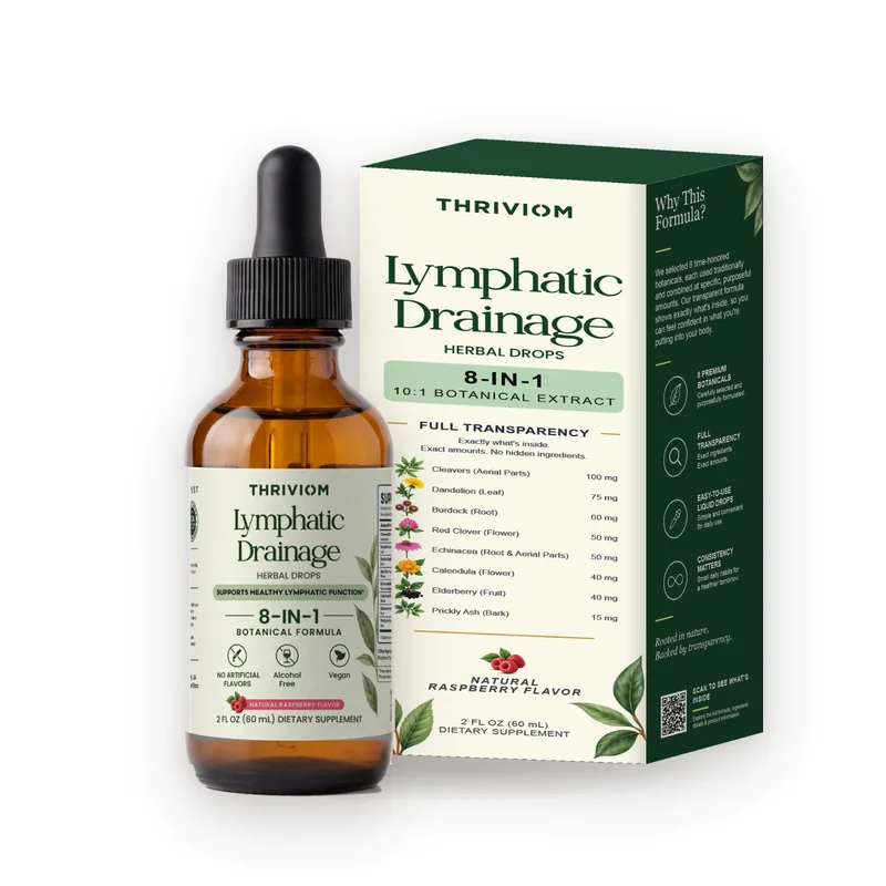 Thriviom Lymphatic Drainage Herbal Drops: the amber dropper bottle beside its carton.