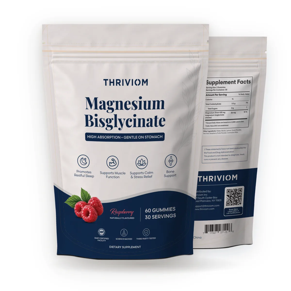 Thriviom Magnesium Bisglycinate Gummies: the front and back of the stand-up pouch.