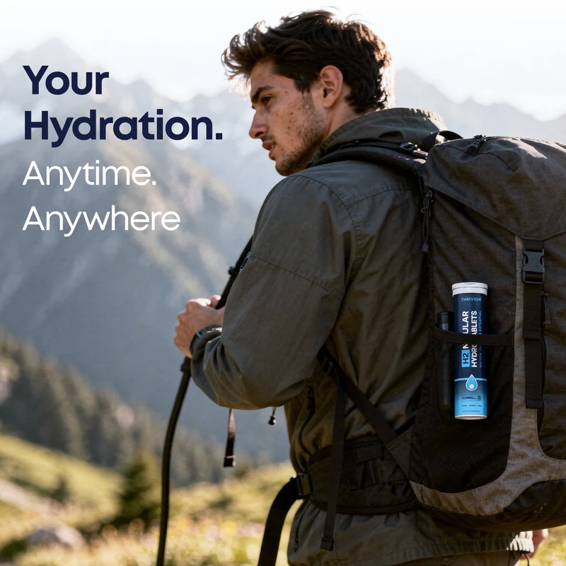 A hiker on a mountain trail with a Thriviom hydrogen tablet tube stowed in a side pocket of their backpack