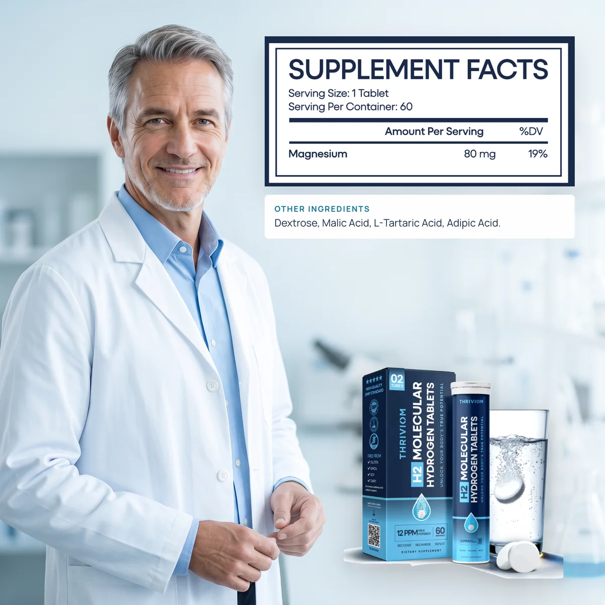 A lab technician in a white coat beside the Supplement Facts: one tablet per serving, 60 servings, magnesium 80 mg at 19% DV; other ingredients dextrose, malic acid, L-tartaric acid and adipic acid.