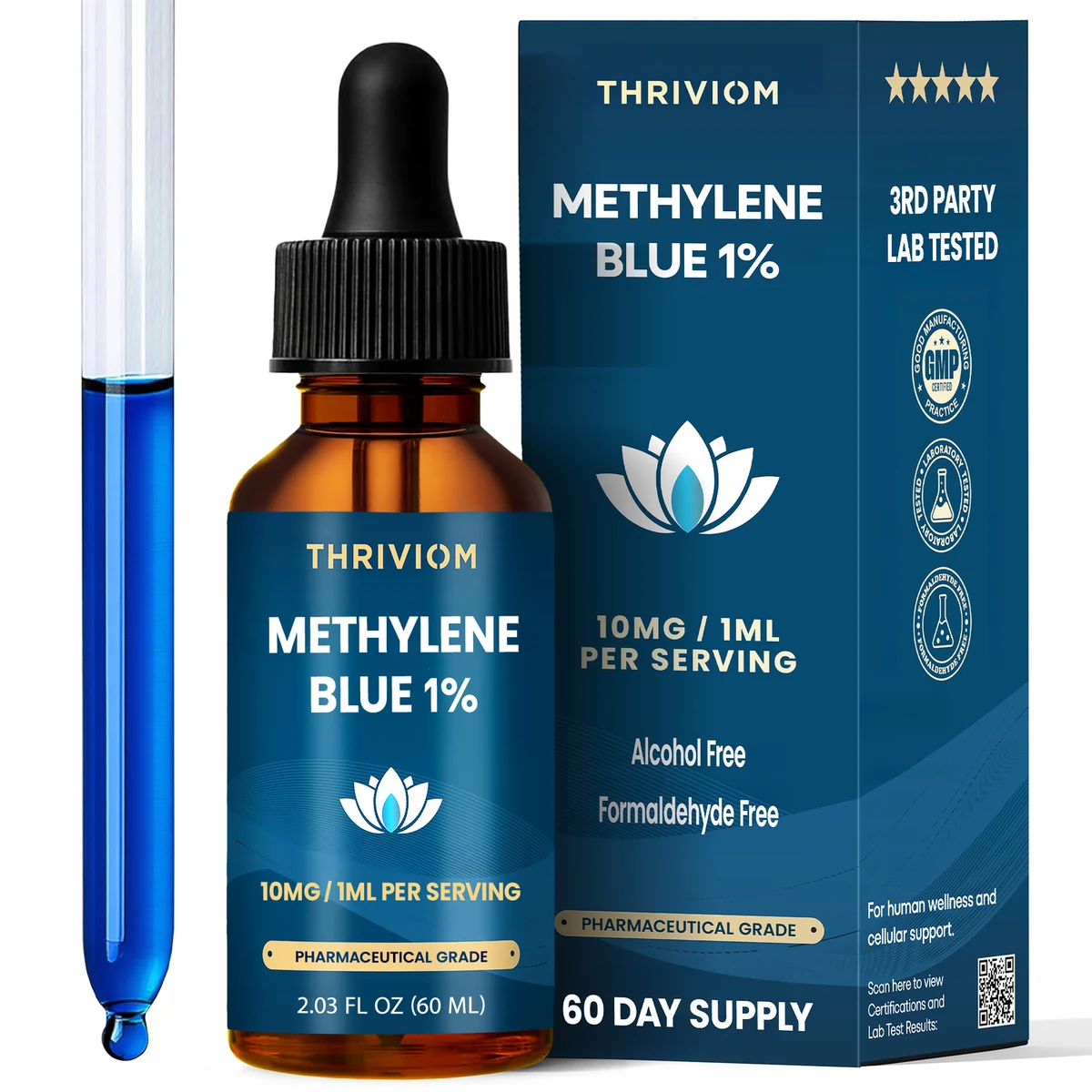 Thriviom Methylene Blue 1%: the dropper bottle beside its outer box.