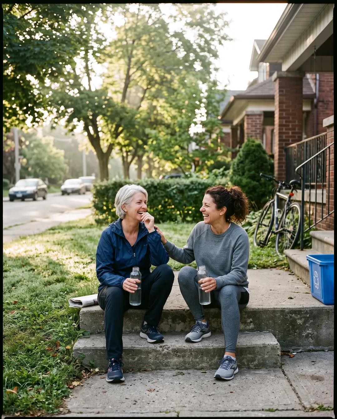 Two friends laughing together on a front step after an early-morning walk.