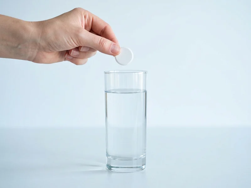 A hand dropping a Thriviom tablet into a glass of water.