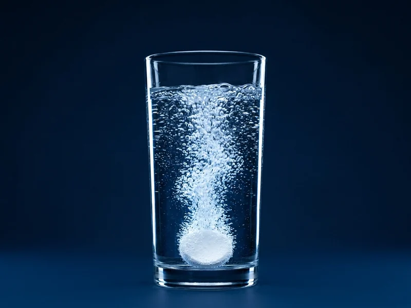 A Thriviom tablet fizzing at the bottom of a glass, bubbles rising.