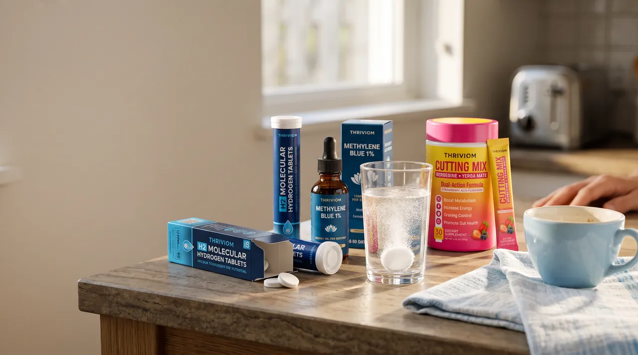 Thriviom Hydrogen Water Tablets, Methylene Blue 1% and Cutting Mix on a sunlit kitchen counter beside a glass of fizzing water and a cup of coffee
