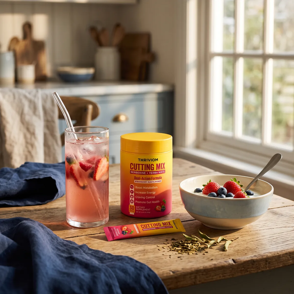 A breakfast table in morning light with a glass of Cutting Mix, the tub, a stick pack and a bowl of yogurt with berries