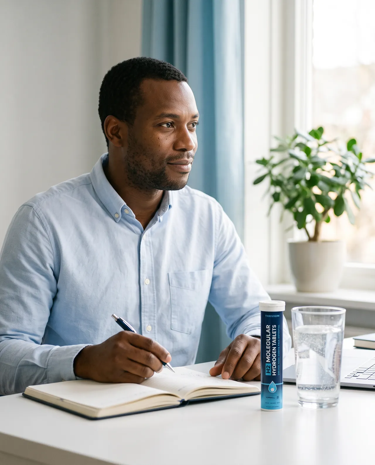 A man working at a home desk in the early afternoon, alert, with a tube of Thriviom hydrogen tablets and a glass of fizzing water beside his notebook