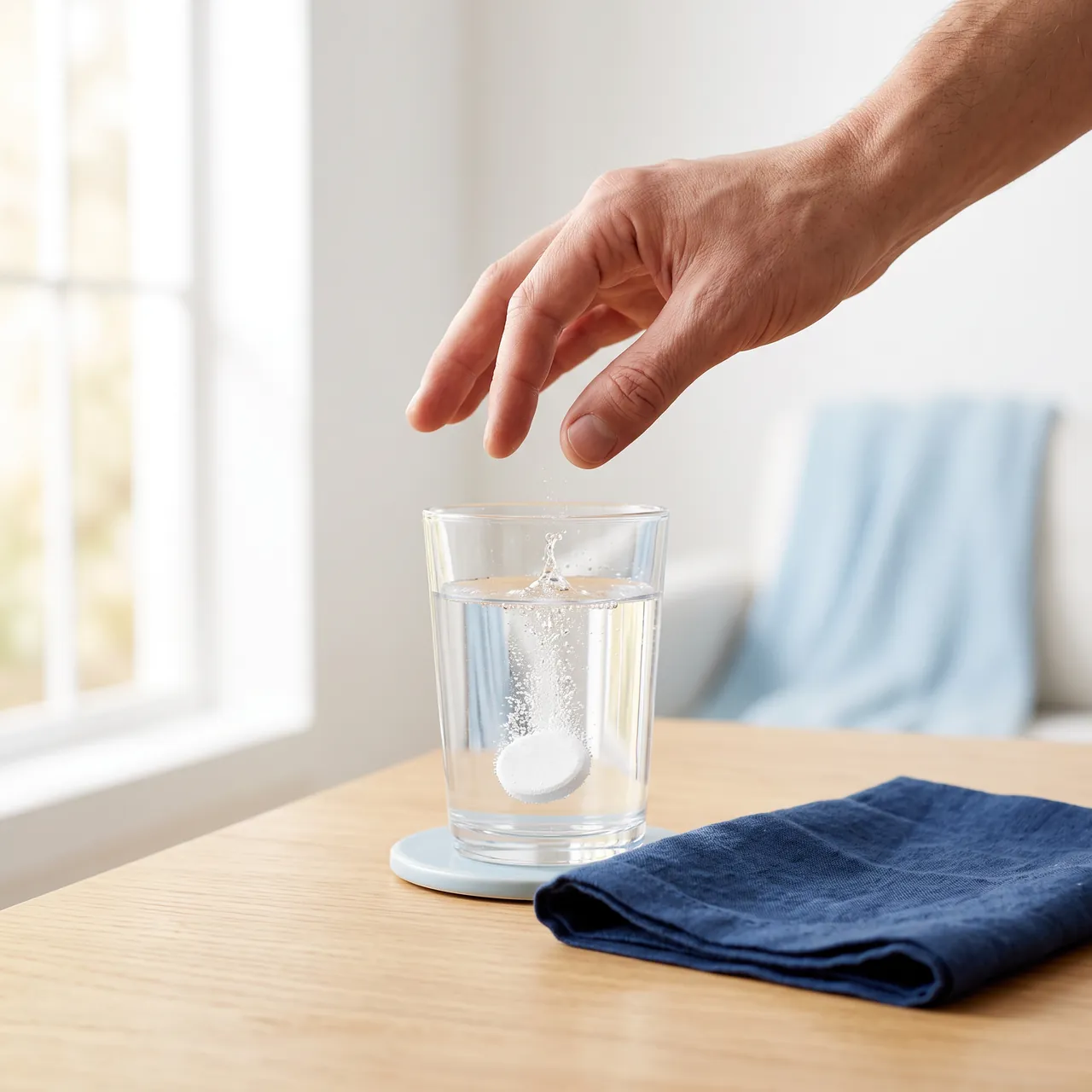 A hand dropping a white effervescent tablet into a glass of water on an oak table