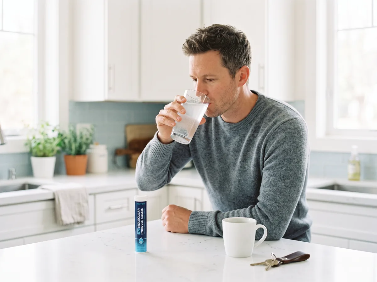 A man at his kitchen counter in the morning drinking a glass of freshly fizzed hydrogen water, the tablet tube beside his coffee