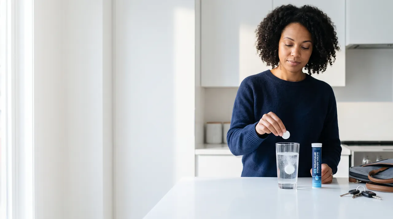 A woman in a navy sweater dropping a Thriviom hydrogen tablet into a glass of water at her kitchen counter before leaving for the day