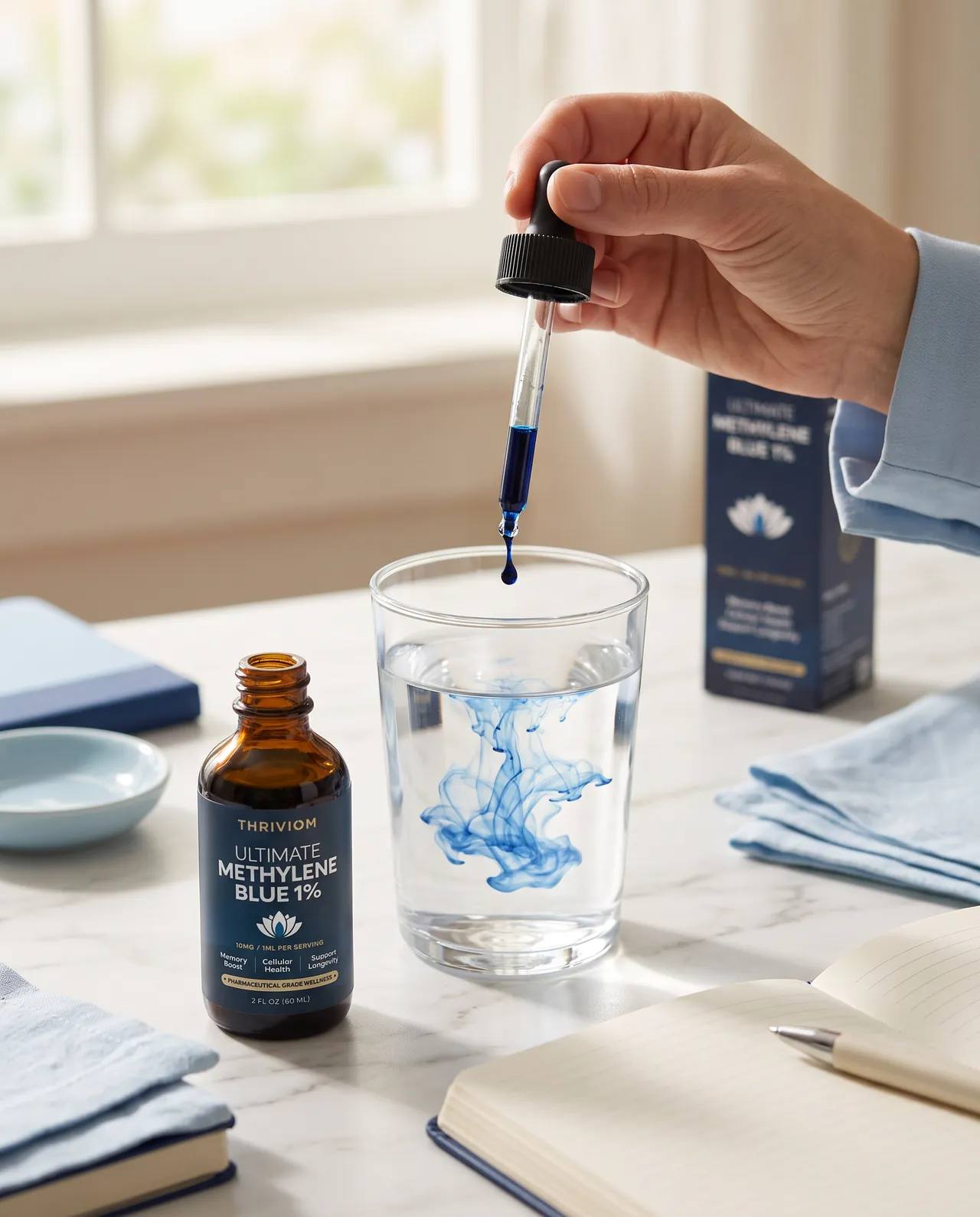 A dropper releasing a single drop of Thriviom Methylene Blue into a glass of water, the blue spreading through it