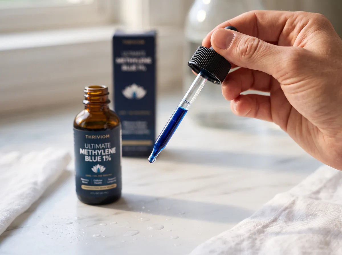 A hand holding the Methylene Blue dropper filled to its line above the open bottle