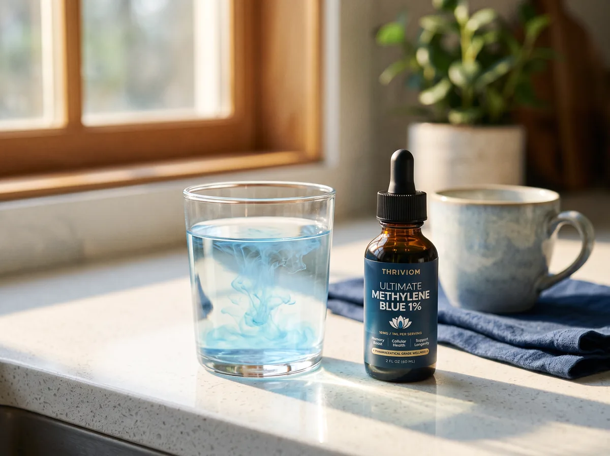 A morning kitchen counter with a glass of water tinted pale blue beside the Methylene Blue bottle and a coffee cup