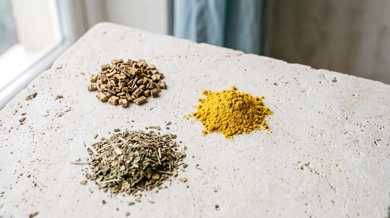 Dried barberry root bark, yellow berberine powder and dried yerba mate leaves on a pale stone surface