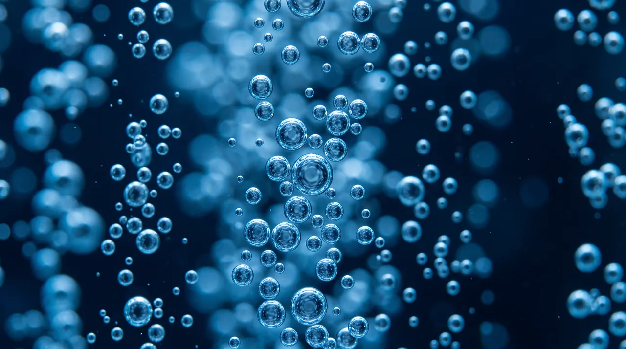 Fine bubbles rising through clear water against a deep navy background