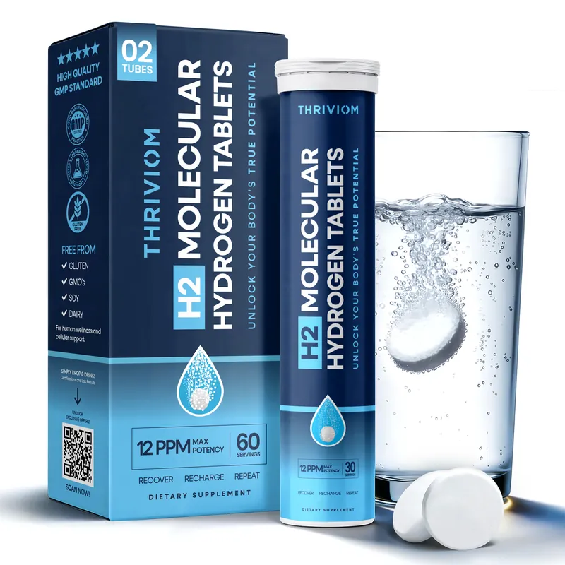 Thriviom H2 Molecular Hydrogen Tablets, unflavored — a tube of effervescent tablets beside its carton and a glass of water