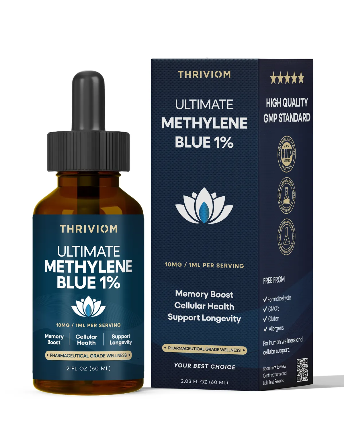 Thriviom Methylene Blue 1% — the dropper bottle and its box.