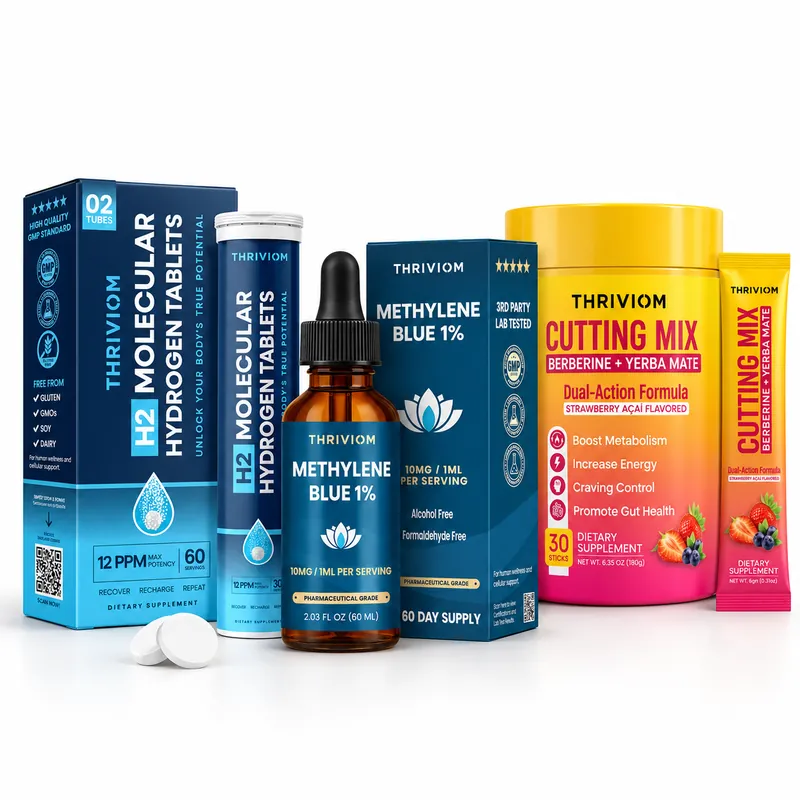 The Thriviom Starter Kit: Hydrogen Water Tablets carton and tube, Methylene Blue 1% dropper bottle and box, and Cutting Mix tub and stick pack, grouped together on a white background
