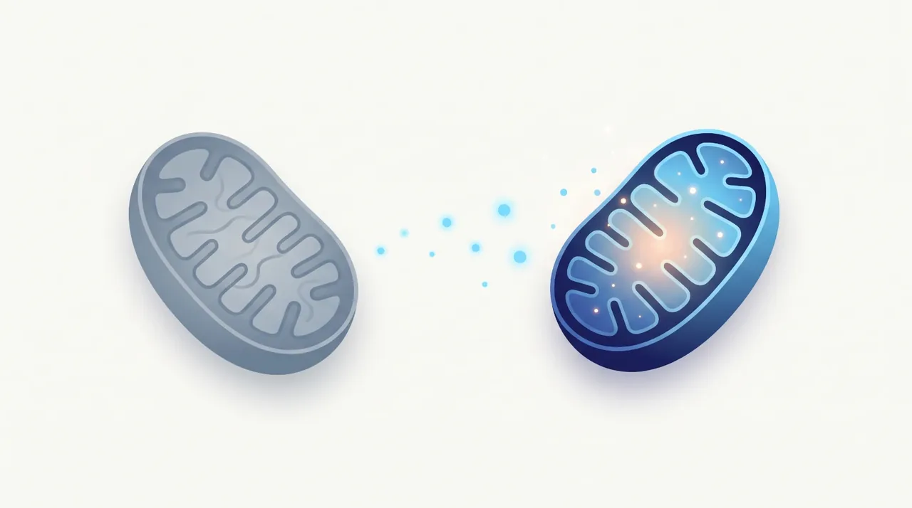 Stylized illustration of a cell's mitochondria, before and after.