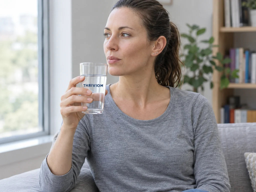 A woman at home with a glass of Thriviom hydrogen water.